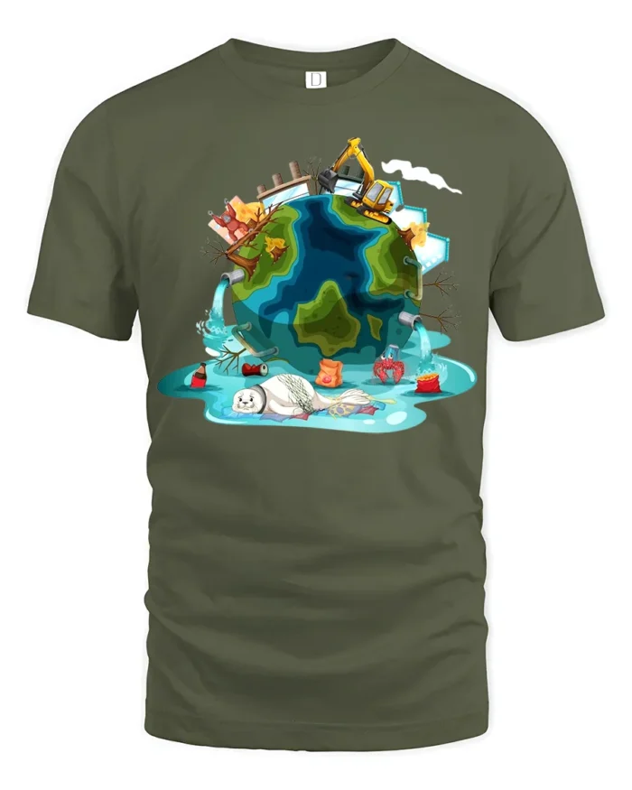Melting Earth Climate Change Awareness T-Shirt - military green t-shirt on white background