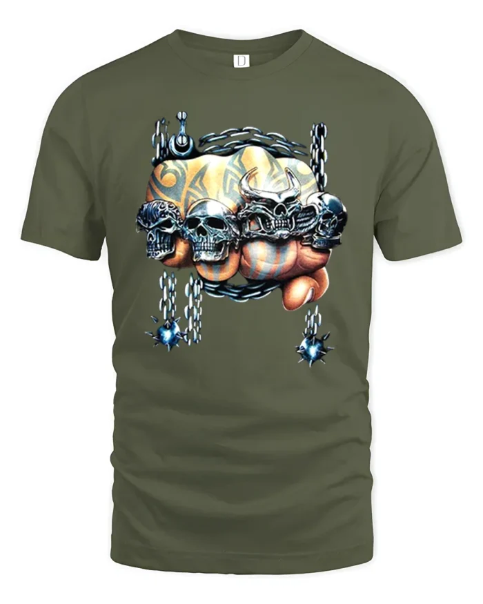 Skull Crusher Fist Metal Rock Graphic T-Shirt - military green t-shirt on white background