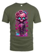 Romantic Skull Cute Skull with Roses T-Shirt - military green t-shirt on white background