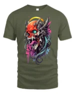 Cyberpunk Oni T-Shirt Futuristic Demon Skull - military green t-shirt on white background