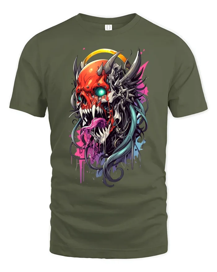 Cyberpunk Oni T-Shirt Futuristic Demon Skull - military green t-shirt on white background