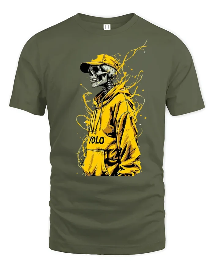 Urban YOLO Skull Trendy Skeleton Hoodie T-Shirt - military green t-shirt on white background