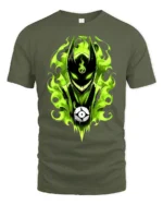 Green Flame Demon Eerie Monster Graphic T-Shirt - military green t-shirt on white background