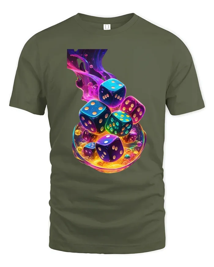 Swirling Dice Colorful Luck Gambling T-Shirt - military green t-shirt on white background