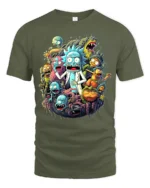 Rick and Morty Multiverse Funny Cartoon T-Shirt - military green t-shirt on white background