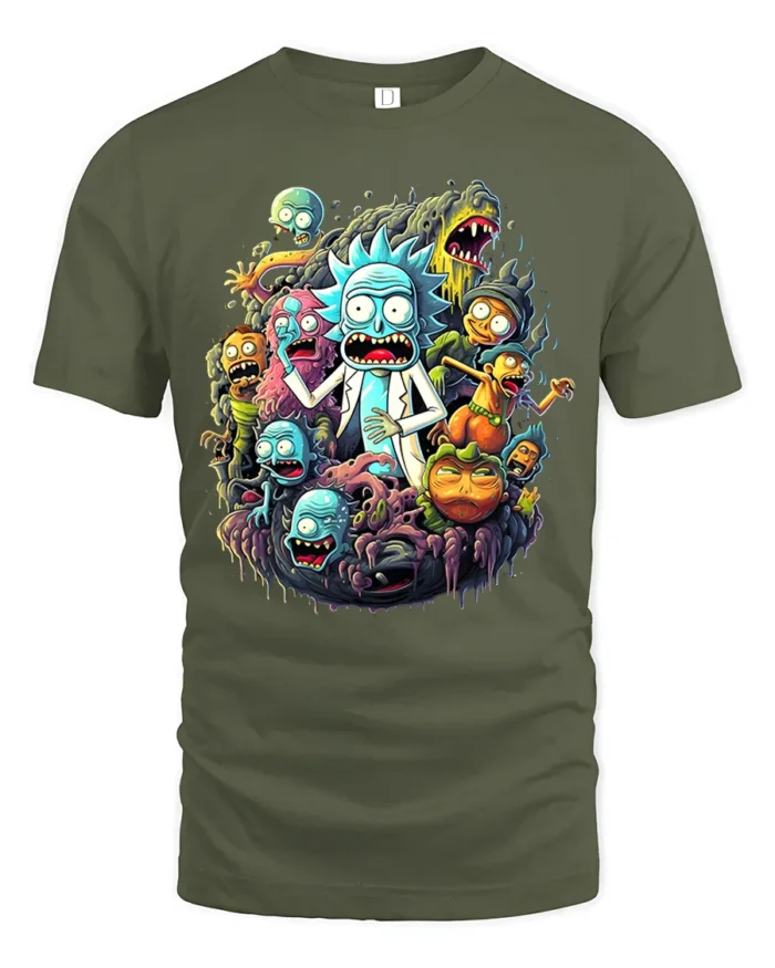 Rick and Morty Multiverse Funny Cartoon T-Shirt - military green t-shirt on white background