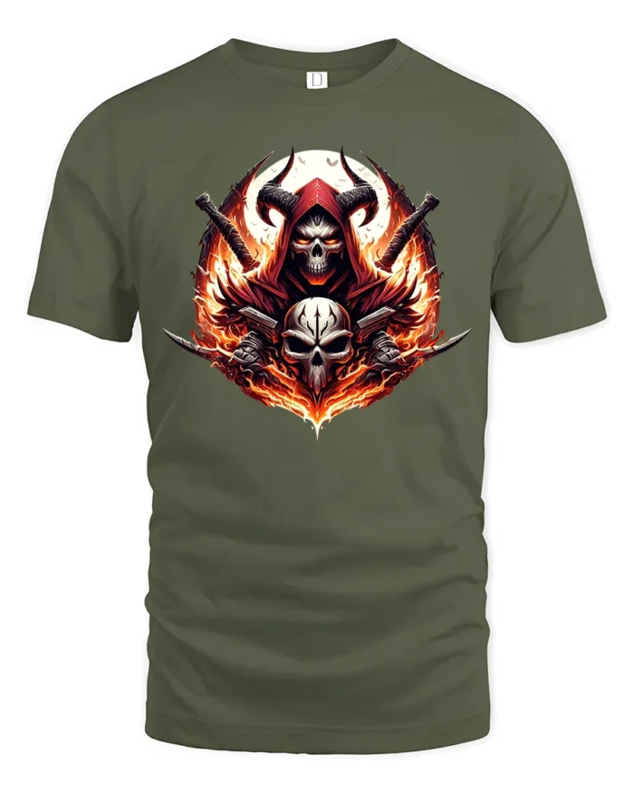 Blazing Skull Swords Dark Fantasy Warrior Tee - military green t-shirt on white background