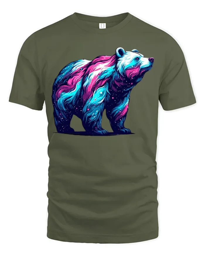 Cosmic Bear Galaxy Nebula Animal T-Shirt - military green t-shirt on white background