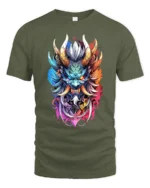 Colorful Oni Mask Japanese Demon Art T-Shirt - military green t-shirt on white background
