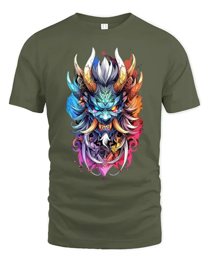 Colorful Oni Mask Japanese Demon Art T-Shirt - military green t-shirt on white background