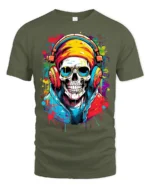 Skull Music Lover Cool Skeleton DJ T-Shirt - military green t-shirt on white background