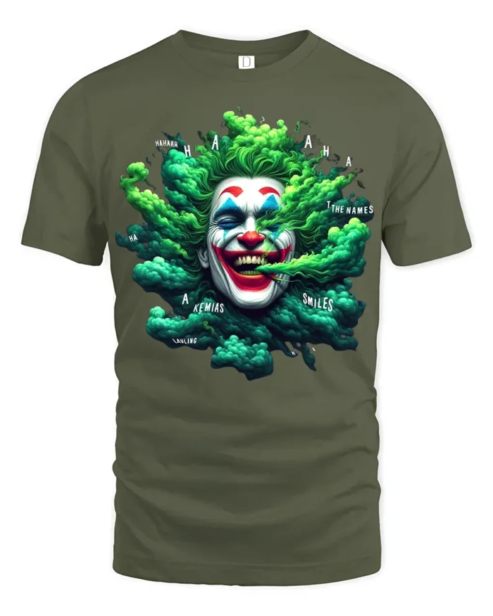 Green Smoke Joker T-Shirt Crazy Clown Graphic Tee - military green t-shirt on white background