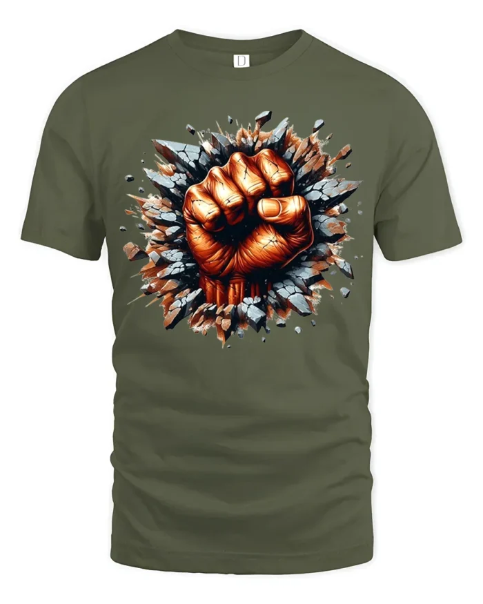 Power Punch Strong Fist Breaking Wall T-Shirt - military green t-shirt on white background