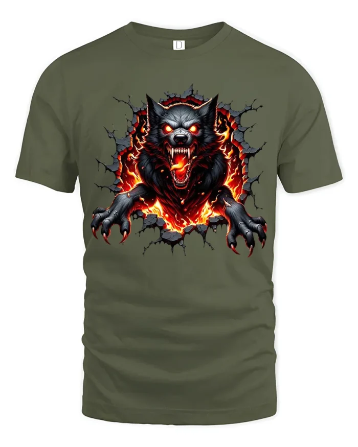 Fiery Wolf Breakout  Angry Wolf Graphic T-Shirt - military green t-shirt on white background