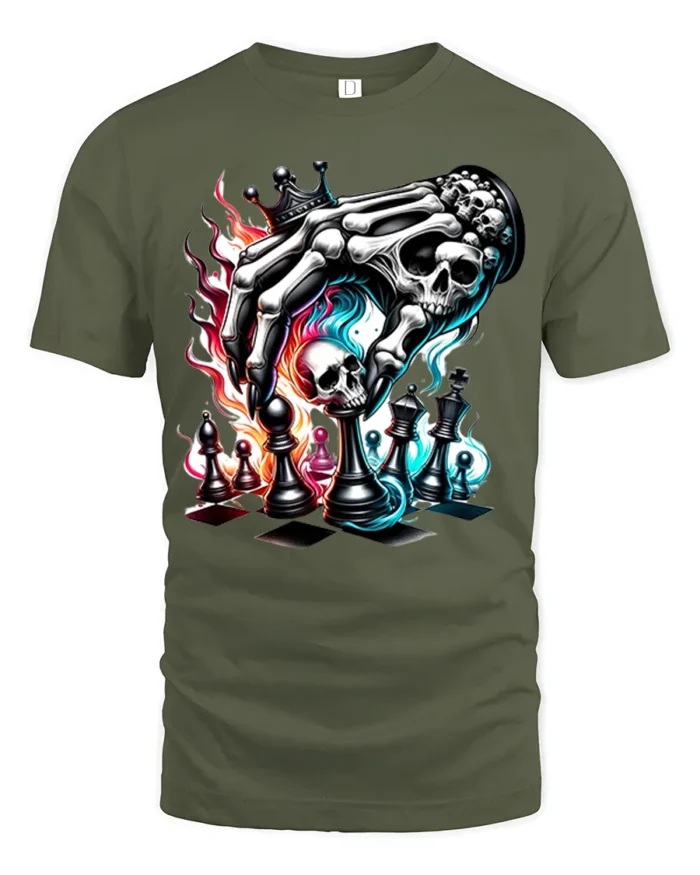 Death Plays Chess T-Shirt Skeleton Hand Game - military green t-shirt on white background