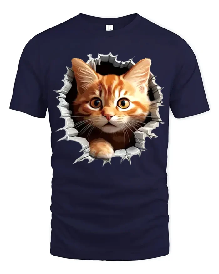 Hole in Tee Cat T-Shirt Cute Tabby Kitten Graphic - navy t-shirt on white background