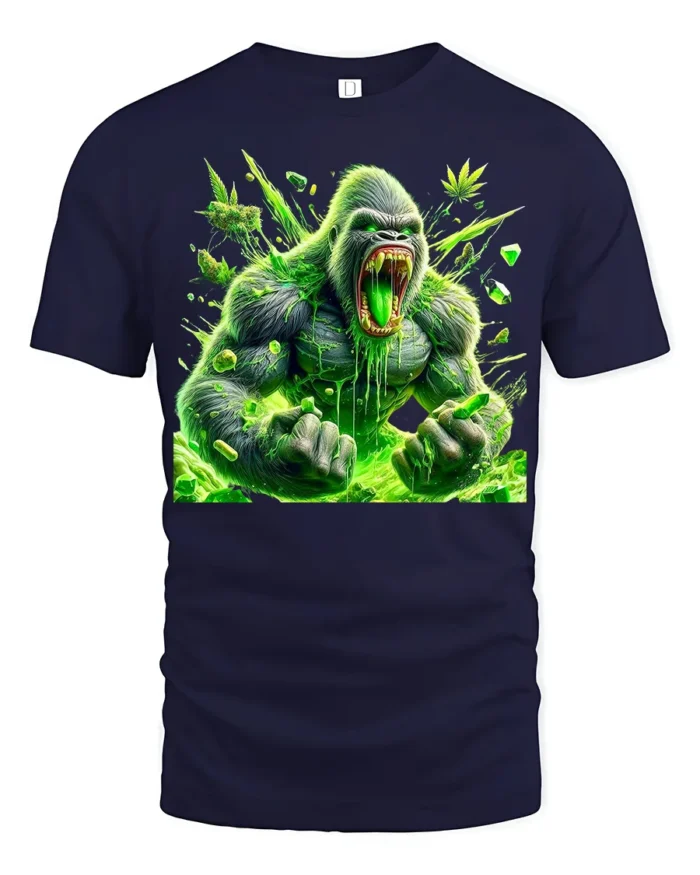Green Ape Haze Tee Funny Gorilla Cannabis T-Shirt - navy t-shirt on white background