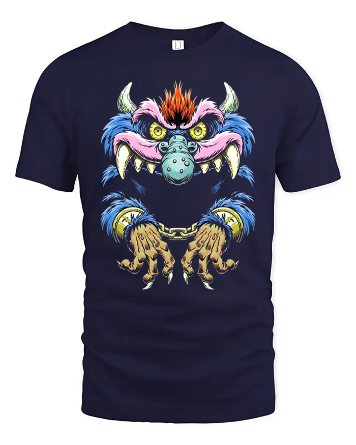 Crazy Monster Grin Tee Unique Colorful Monster Now - navy t-shirt on white background