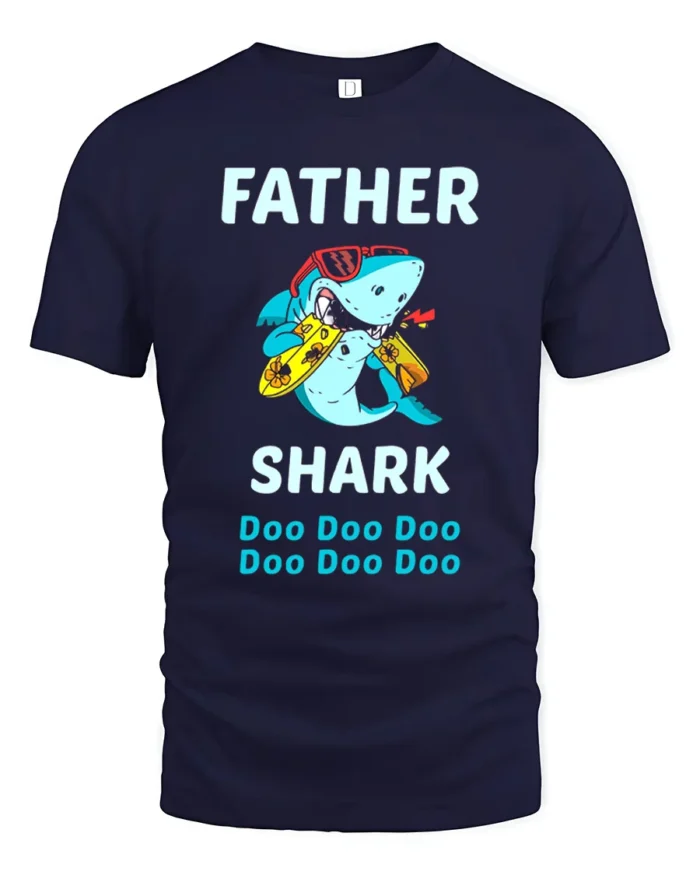 Father Shark Funny Dad Shark Doo Doo T-Shirt - navy t-shirt on white background