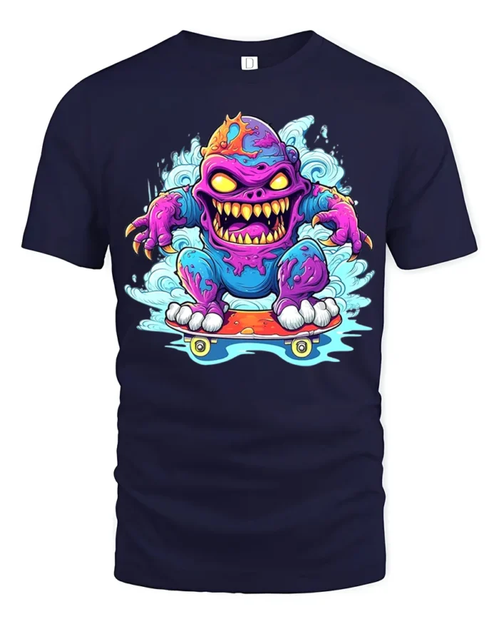 Skate Monster Funny Cartoon Skateboard T-Shirt - navy t-shirt on white background