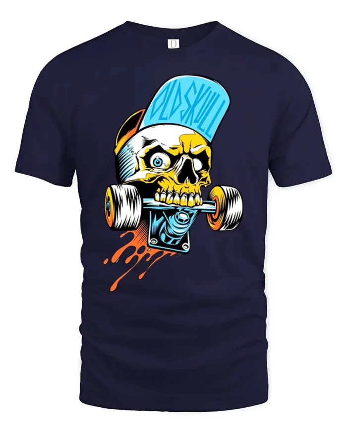 Cool Skull Skateboard Funny Skeleton Rider Tee - navy t-shirt on white background