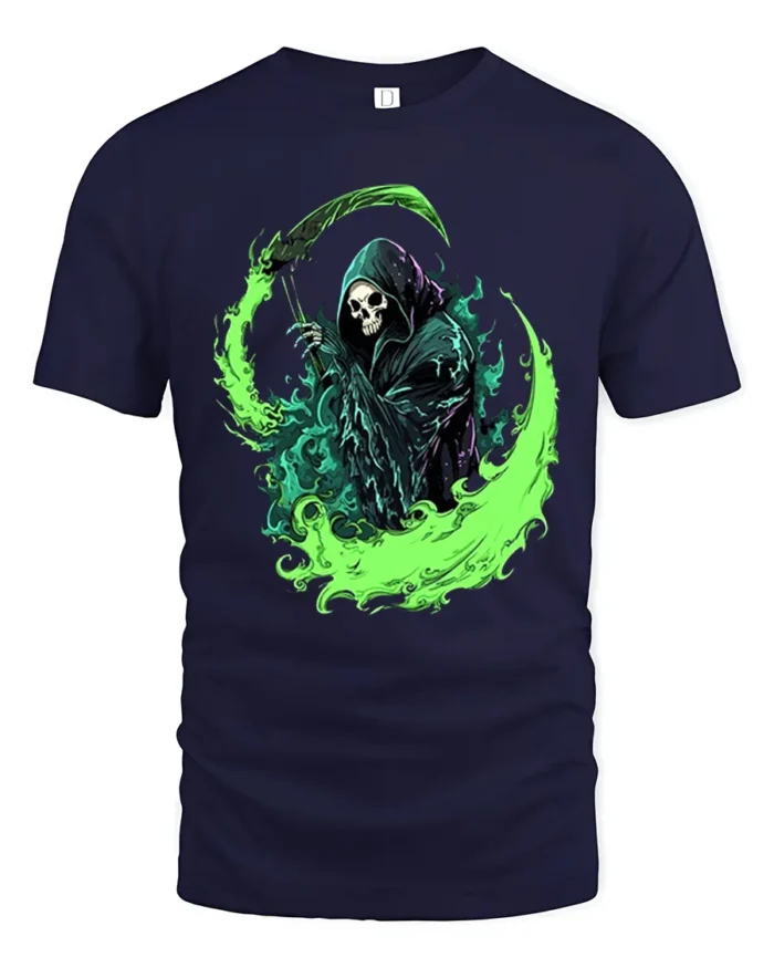 Green Reaper Scythe Grim Reaper Graphic T-Shirt - navy t-shirt on white background