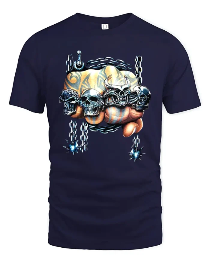 Skull Crusher Fist Metal Rock Graphic T-Shirt - navy t-shirt on white background