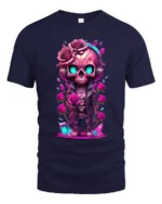 Romantic Skull Cute Skull with Roses T-Shirt - navy t-shirt on white background