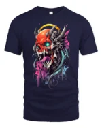 Cyberpunk Oni T-Shirt Futuristic Demon Skull - navy t-shirt on white background