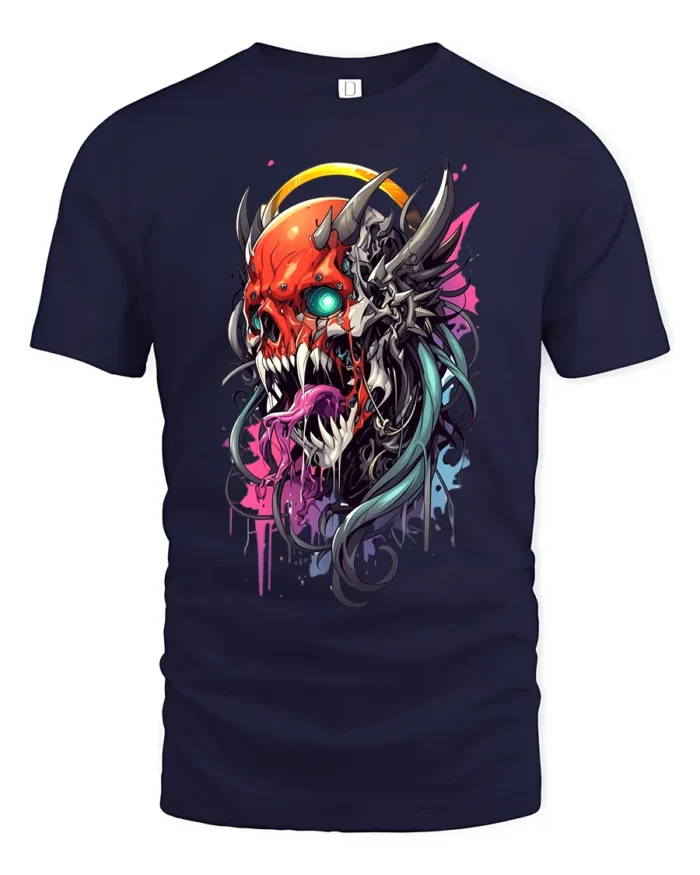 Cyberpunk Oni T-Shirt Futuristic Demon Skull - navy t-shirt on white background