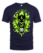 Green Flame Demon Eerie Monster Graphic T-Shirt - navy t-shirt on white background