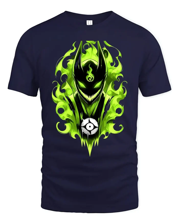 Green Flame Demon Eerie Monster Graphic T-Shirt - navy t-shirt on white background