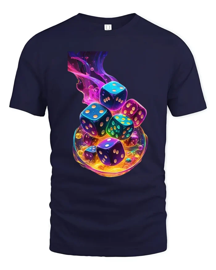 Swirling Dice Colorful Luck Gambling T-Shirt - navy t-shirt on white background