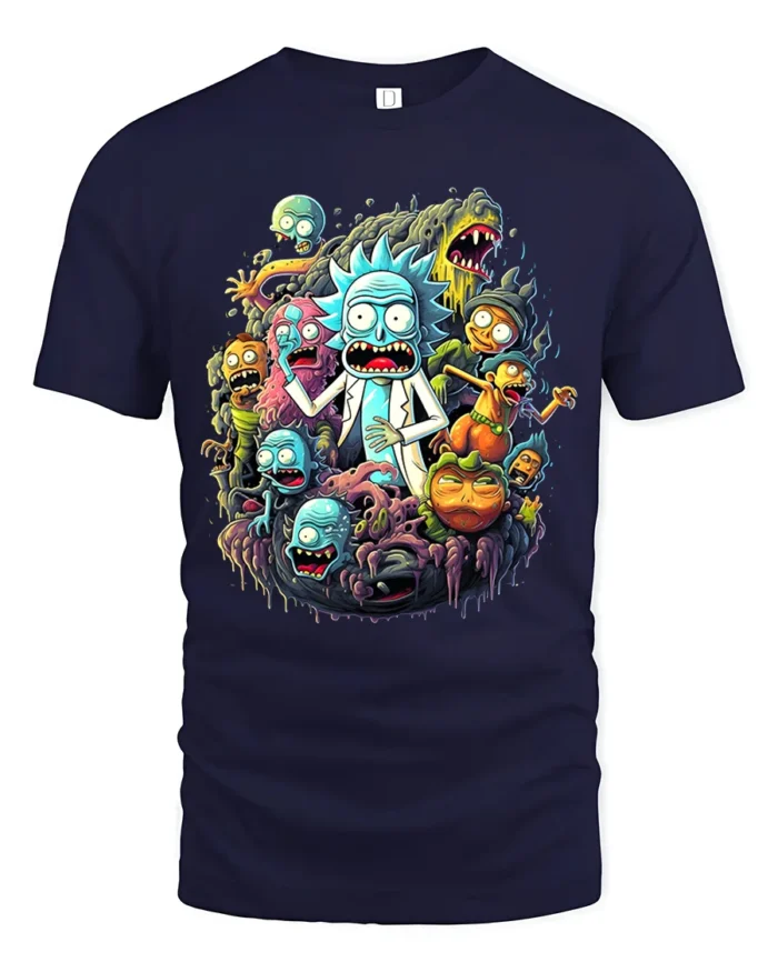Rick and Morty Multiverse Funny Cartoon T-Shirt - navy t-shirt on white background