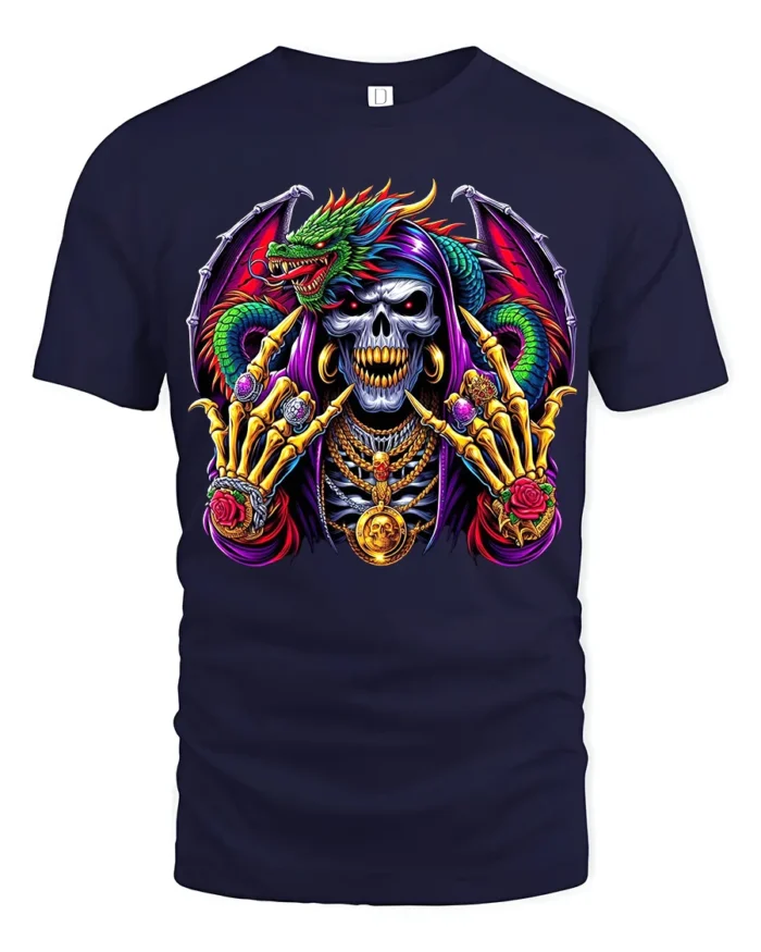 Jeweled Skull Dragon T-Shirt Edgy Fantasy Tee Now - navy t-shirt on white background