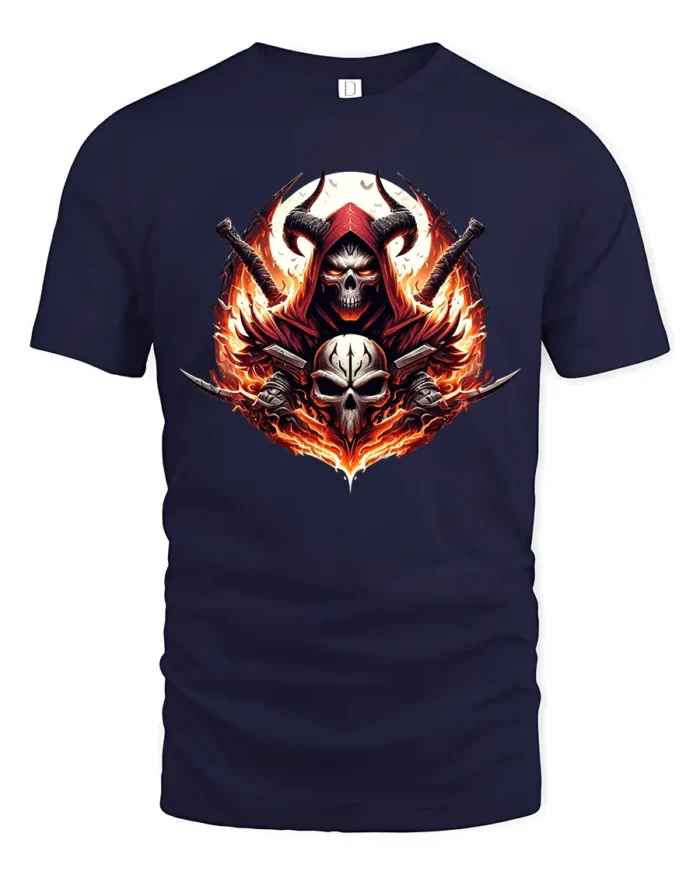 Blazing Skull Swords Dark Fantasy Warrior Tee - navy t-shirt on white background
