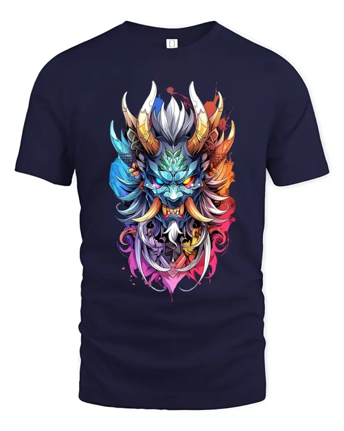 Colorful Oni Mask Japanese Demon Art T-Shirt - navy t-shirt on white background