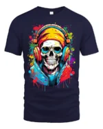 Skull Music Lover Cool Skeleton DJ T-Shirt - navy t-shirt on white background