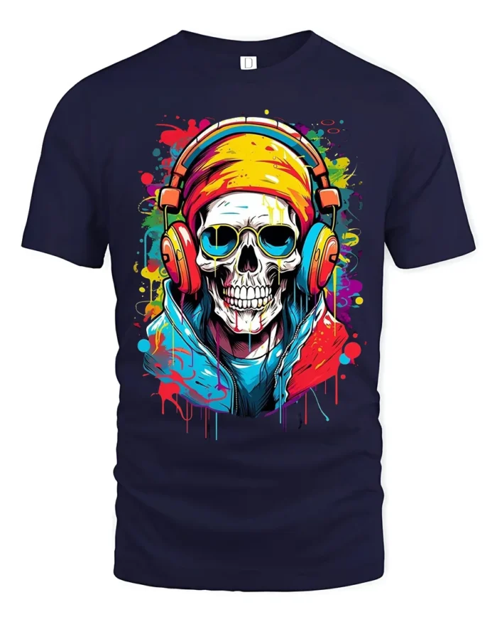 Skull Music Lover Cool Skeleton DJ T-Shirt - navy t-shirt on white background