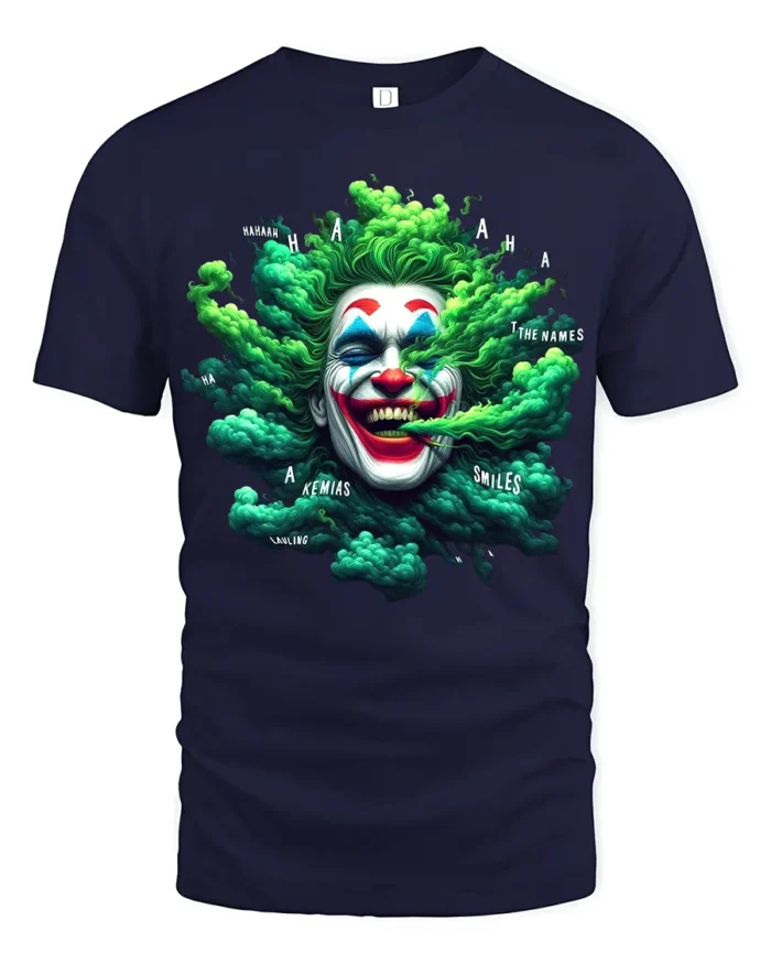 Green Smoke Joker T-Shirt Crazy Clown Graphic Tee - navy t-shirt on white background