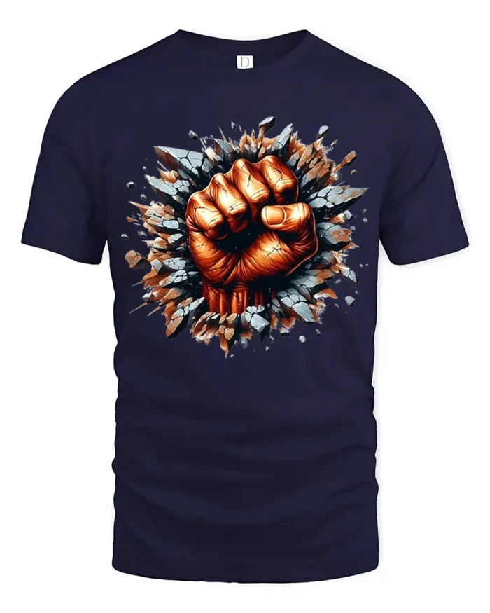 Power Punch Strong Fist Breaking Wall T-Shirt - navy t-shirt on white background