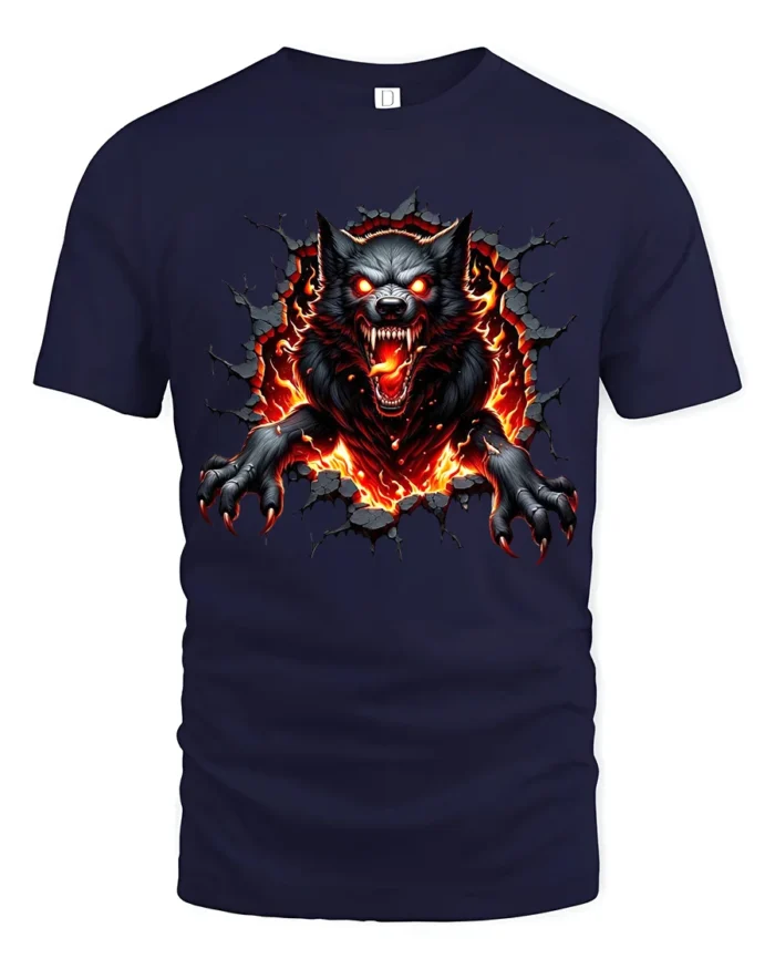 Fiery Wolf Breakout  Angry Wolf Graphic T-Shirt - navy t-shirt on white background
