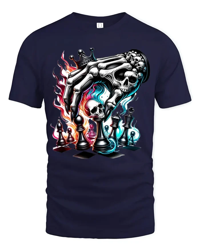 Death Plays Chess T-Shirt Skeleton Hand Game - navy t-shirt on white background