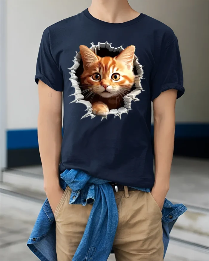 Hole in Tee Cat T-Shirt Cute Tabby Kitten Graphic - model wearing navy shirt, hands in pockets