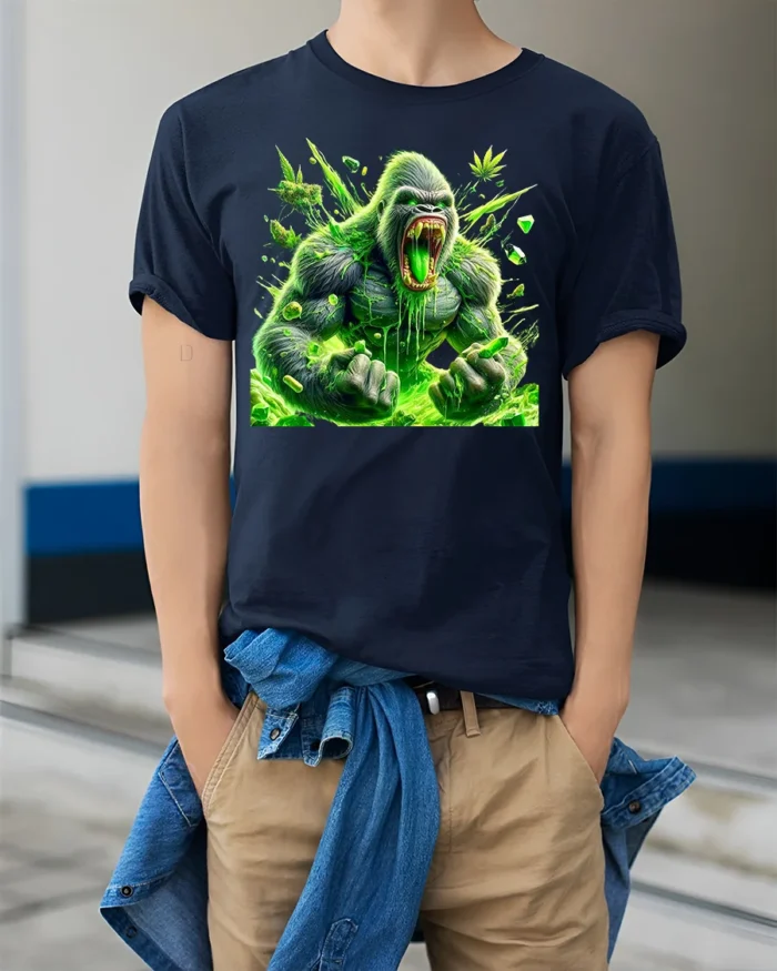 Green Ape Haze Tee Funny Gorilla Cannabis T-Shirt - model wearing navy shirt, hands in pockets