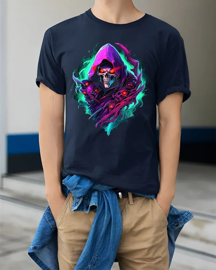Spectral Death Cool Grim Reaper Skull T-Shirt - model wearing navy shirt, hands in pockets