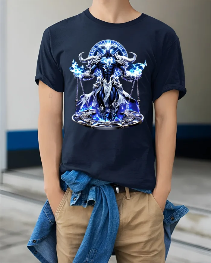 Azure Horned Warrior Powerful Fantasy Knight T-Shirt - model wearing navy shirt, hands in pockets