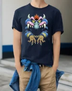 Crazy Monster Grin Tee Unique Colorful Monster Now - model wearing navy shirt, hands in pockets