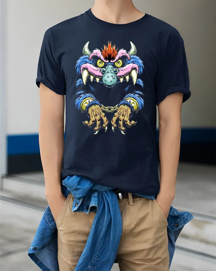 Crazy Monster Grin Tee Unique Colorful Monster Now - model wearing navy shirt, hands in pockets