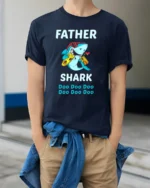 Father Shark Funny Dad Shark Doo Doo T-Shirt - model wearing navy shirt, hands in pockets